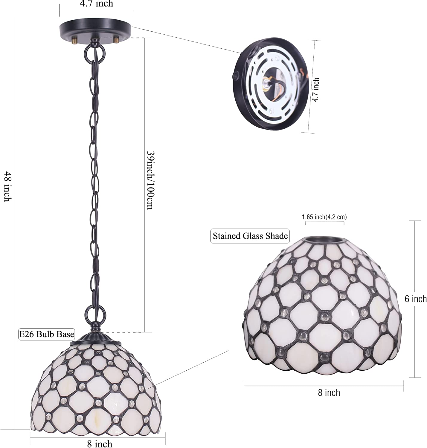 Werfactory® Tiffany Pendant Lighting with W8H7 Inch Crystal Bead White Stained Glass Hanging Lamp