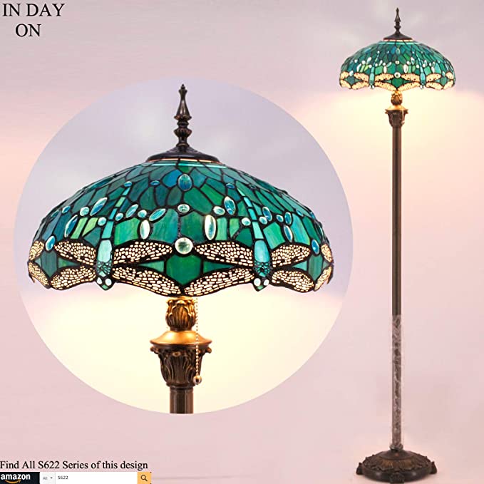Tiffany Lampshade Replacement Werfactory® W16H7-inch Green Stained Glass Dragonfly Style Shade