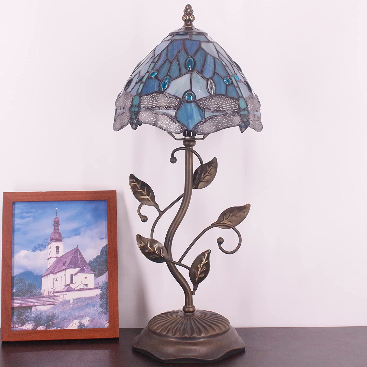 Werfactory® Tiffany Night Light with 8" Sea Blue Stained Glass Dragonfly Style Shade 19" Tall Farmhouse Luxury Rustic Metal Leaf Table Lamp, Small Cute Memory Bedside Lamp