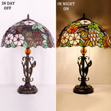 Tiffany Table Lamp Purple Stained Glass Grape Desk Light W16H24 Inch with Iron Metal Leaves Bronze Base