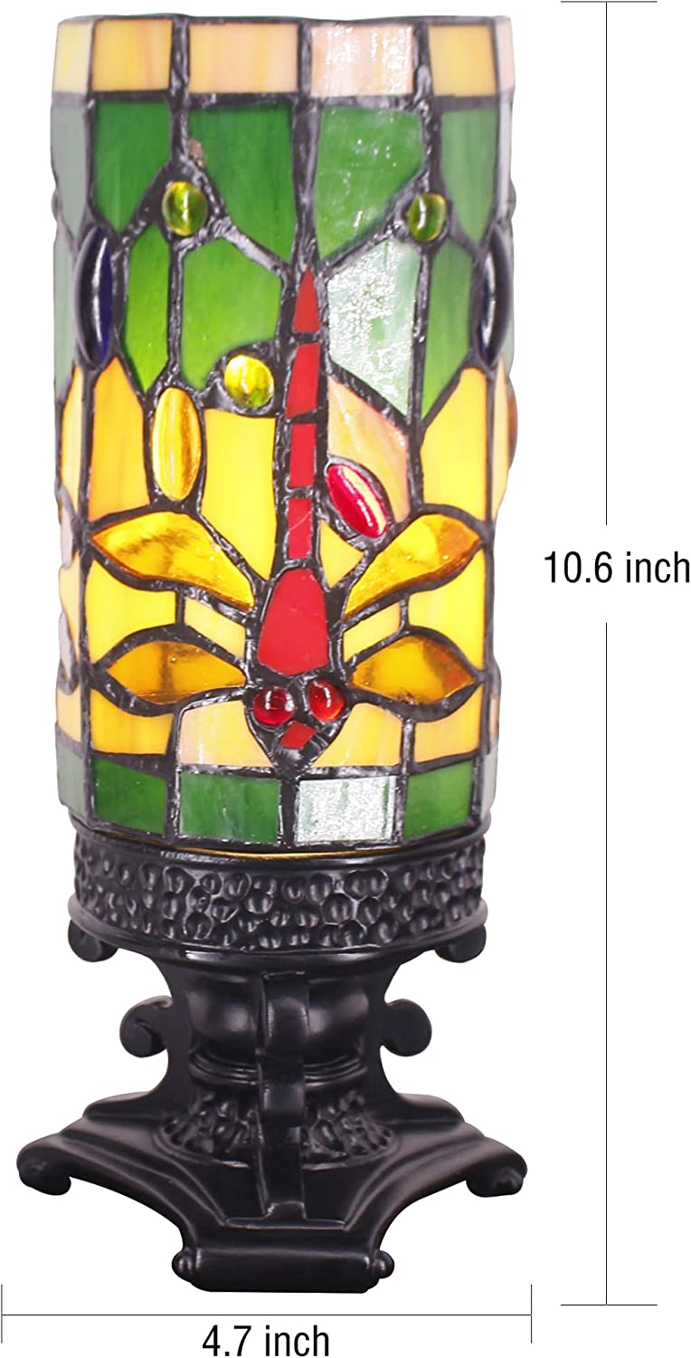 WERFACTORY Small Tiffany Lamp Wide 4 Tall 10 Inch Mini Stained Glass Table Lamp Cream Dragonfly Style Desk Night Light