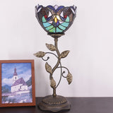 WERFACTORY Small Tiffany Table Lamp 8" Stained Glass Victorian Style Shade 19" Tall Antique Vintage Metal Leaf Base Mini Bedside Accent Desk Torchiere Uplight