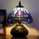Werfactory® Small Tiffany Table Lamp with 8" Blue Stained Glass Dragonfly Shade, 11" Tall