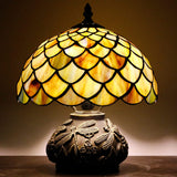 Werfactory® Tiffany Table Lamp Fish Scales Style Stained Glass Lamp with Mushroom Base