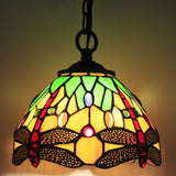 Werfactory® Tiffany Pendant Lighting with 8 Inch Green Stained Glass Dragonfly Style Hanging Lamp