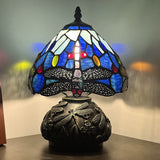 Werfactory® Small Tiffany Table Lamp with 8" Blue Stained Glass Dragonfly Shade, 11" Tall