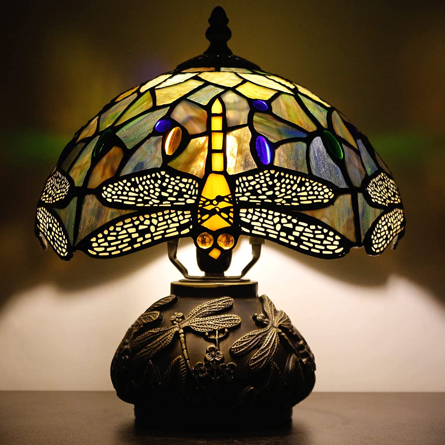 Werfactory® Tiffany Table Lamp Dragonfly Style Stained Glass Lamp with Mushroom Base