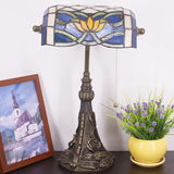 Werfactory® Banker Lamp Tiffany Desk Lamp Lotus Style Blue Stained Glass Table Lamp, 15" Tall