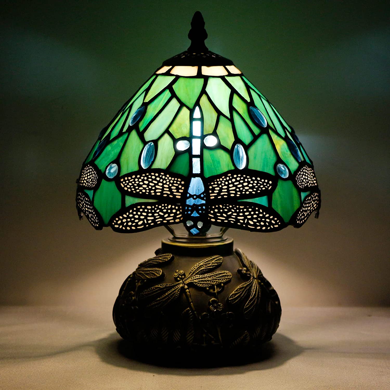 Werfactory® Tiffany Table Lamp Green Dragonfly Style Stained Glass Lamp Mushroom Lamp