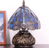 Werfactory® Small Tiffany Table Lamp with 8" Navy Stained Glass Dragonfly Shade, 11" Tall