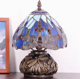 Werfactory® Small Tiffany Table Lamp with 8" Blue Stained Glass Dragonfly Shade, 11" Tall