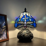 Werfactory® Small Tiffany Table Lamp with 8" Navy Stained Glass Dragonfly Shade, 11" Tall