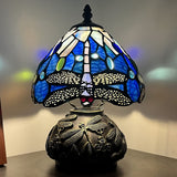 Werfactory® Small Tiffany Table Lamp with 8" Navy Stained Glass Dragonfly Shade, 11" Tall