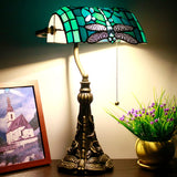 Werfactory® Banker Lamp Tiffany Desk Lamp Green Blue Dragonfly Style Stained Glass Table Lamp, Adjustable Luxury Memory Piano Lamp 15" Tall