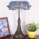 Werfactory® Banker Lamp Tiffany Desk Lamp Sea Blue Dragonfly Style Stained Glass Table Lamp 15" Tall