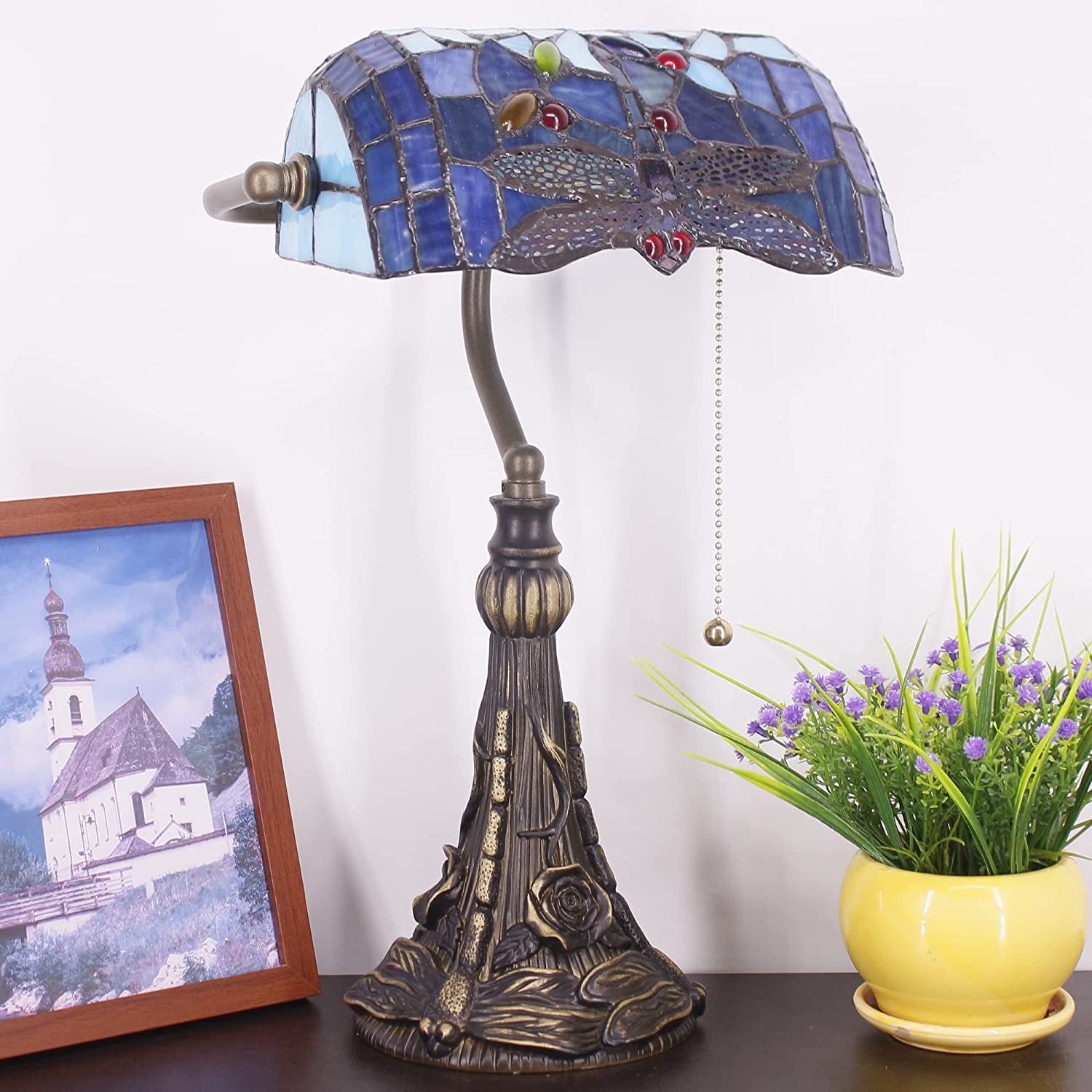 WERFACTORY Banker Lamp Tiffany Desk Lamp Blue Dragonfly Stained Glass Lamp Werfactory