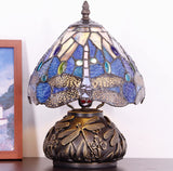 Werfactory® Small Tiffany Table Lamp with 8" Navy Stained Glass Dragonfly Shade, 11" Tall