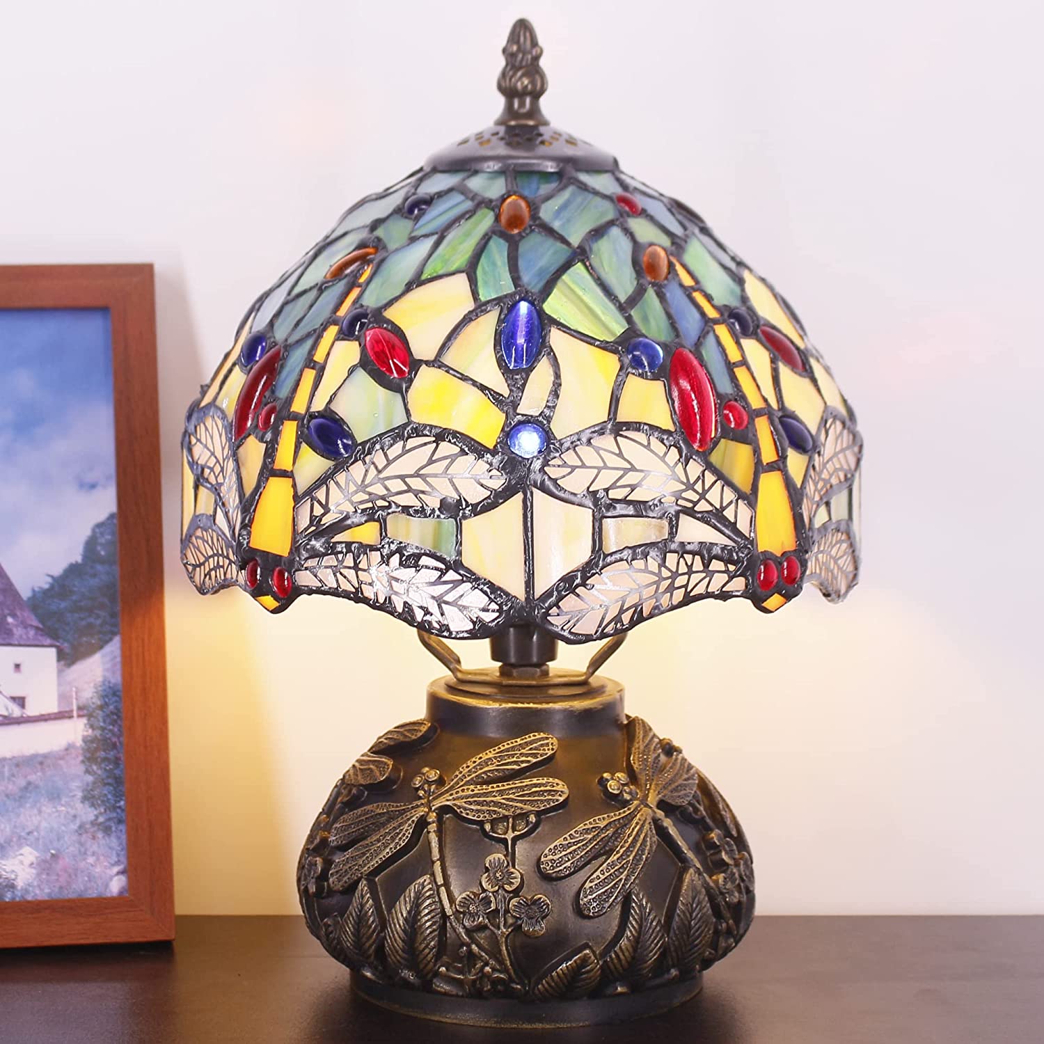 Werfactory Small Tiffany Table Lamp with 8 Yellow Stained Glass Dragonfly Style Shade 11 Tall Unique Rustic Bronze Mushroom Type Mini Bedside Lamp