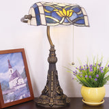 Werfactory® Banker Lamp Tiffany Desk Lamp Lotus Style Blue Stained Glass Table Lamp, 15" Tall