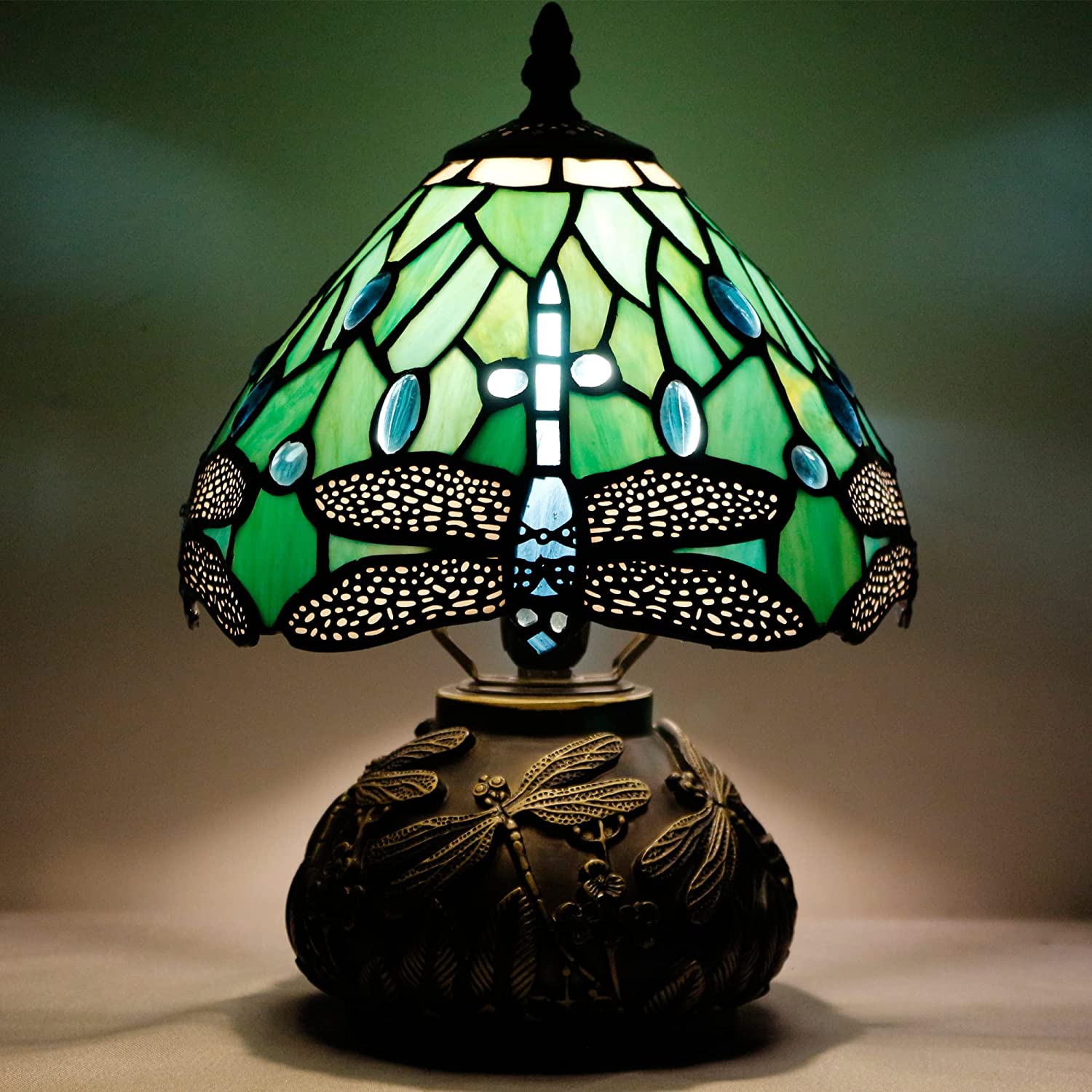 Tiffany Table Lamp Small Stained Glass Mushroom Desk Lamp 8x11 inch Sea Blue Dragonfly Style World Menagerie