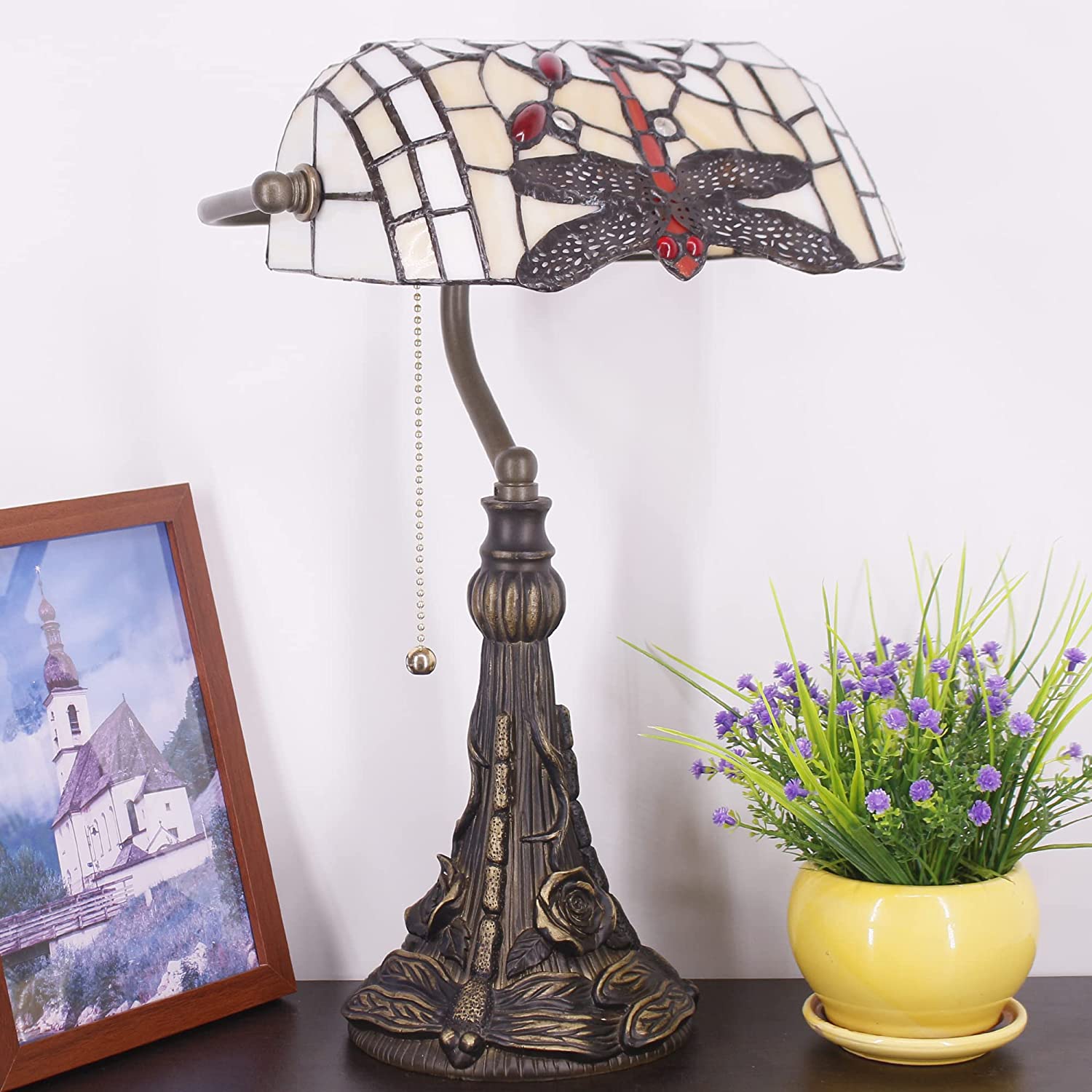 Werfactory® Banker Lamp Tiffany Desk Lamp Amber Dragonfly Style Stained Glass Table Lamp, Adjustable Luxury Memory Piano Lamp 15" Tall