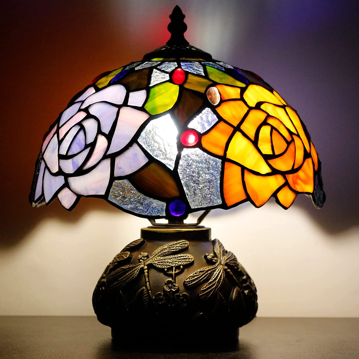 Werfactory® Tiffany Table Lamp Rose Style Stained Glass Lamp with Mushroom Base