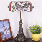 Werfactory® Banker Lamp Tiffany Desk Lamp Butterfly Flower Style Stained Glass Table Lamp, 15" Tall