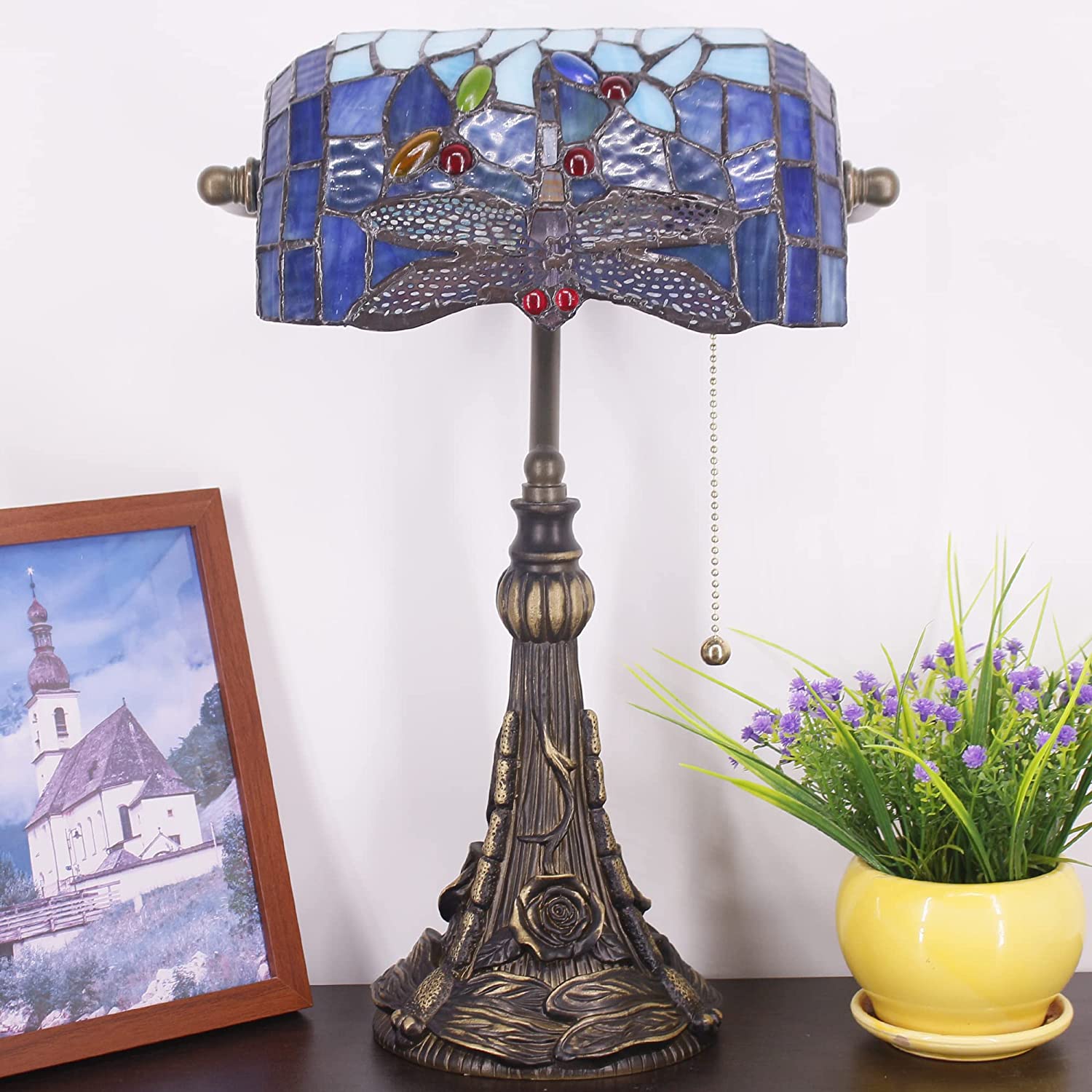 Werfactory® Banker Lamp Tiffany Desk Lamp Blue Dragonfly Style Stained Glass Table Lamp, Adjustable Luxury Memory Piano Lamp 15" Tall