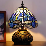 Werfactory® Small Tiffany Table Lamp with 8" Navy Stained Glass Dragonfly Shade, 11" Tall