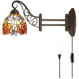 WERFACTORY Tiffany Wall Sconce Lamp W6L19 Inch Swing Arm Up Down Light Red Rose Stained Glass Shade S001 Living Room Bedroom Office Study Antique Metal