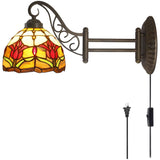 WERFACTORY Tiffany Wall Sconce Lamp W8L19 Inch Swing Arm Up Down Light Tulip Flower Stained Glass Shade S030 Living Room Bedroom Office Study Antique Metal