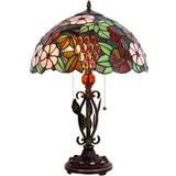 Tiffany Table Lamp Purple Stained Glass Grape Desk Light W16H24 Inch with Iron Metal Leaves Bronze Base