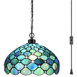 Werfactory® Tiffany Style Plug in Pendant Light Sea Blue Stained Glass Pearl Hanging Lamp