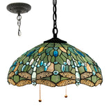 Tiffany Hanging Light Werfactory® Pendant Lamp FixtureSea Blue Stained Glass Dragonfly 16 Inch