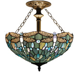 Tiffany Ceiling Light Fixture Werfactory® Sea Blue Stained Glass Dragonfly Semi Flush Mount Lamp