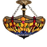 Stained Glass Ceiling Light Werfactory® Tiffany Fixture Orange Blue  Dragonfly 16 Inch Semi Flush Mount Lamp
