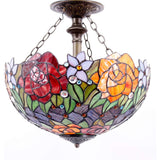 Stained Glass Ceiling Lamp Werfactory® Tiffany Light Fixture Red Yellow Rose 16 Inch Semi Flush Mount Lamp