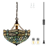 Tiffany Pendant Light Plug in Werfactory® Sea Blue Stained Glass Dragonfly 12 Inch Hanging Lamp