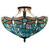 Tiffany Lamp Shade Replacement Werfactory® W16H7 Inch Sea Blue Stained Glass Dragonfly Lampshade