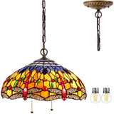 Stained Glass Pendant Lamp Fixture Werfactory® 16 Inch Tiffany Hanging Light Blue Yellow Dragonfly