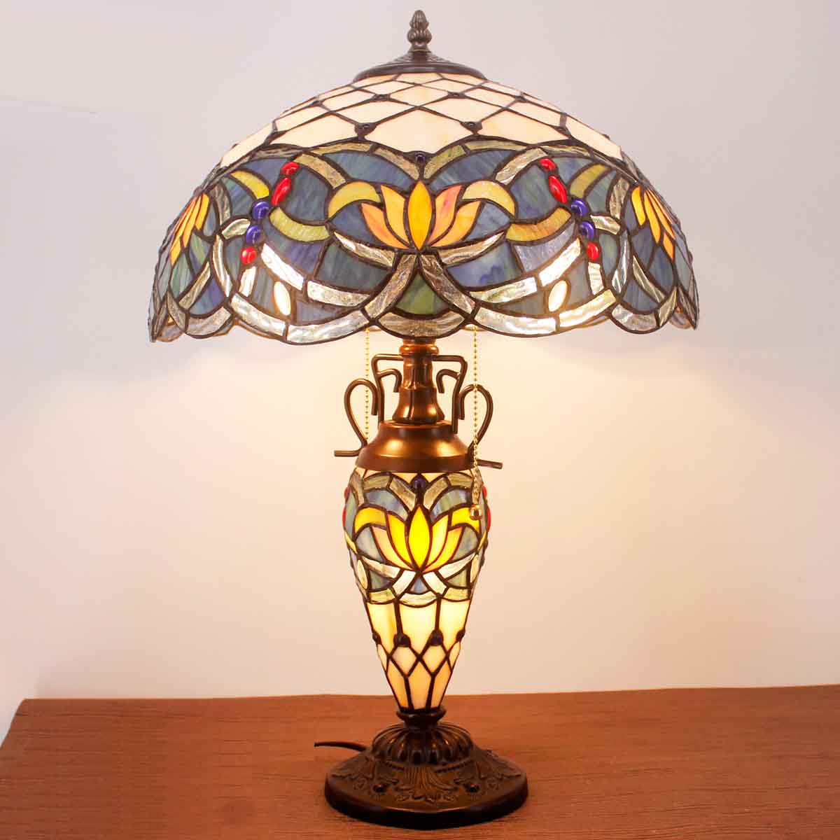 Tiffany Lamp Werfactory® Blue Lotus Stained Glass Mother-Daughter Table Light